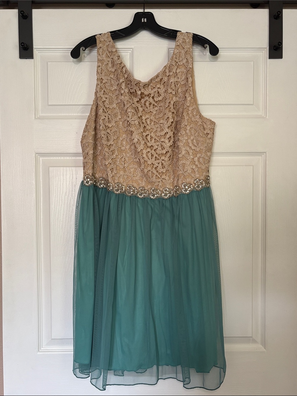 Deb Girls Lace Bodice Dress in Champagne and Teal